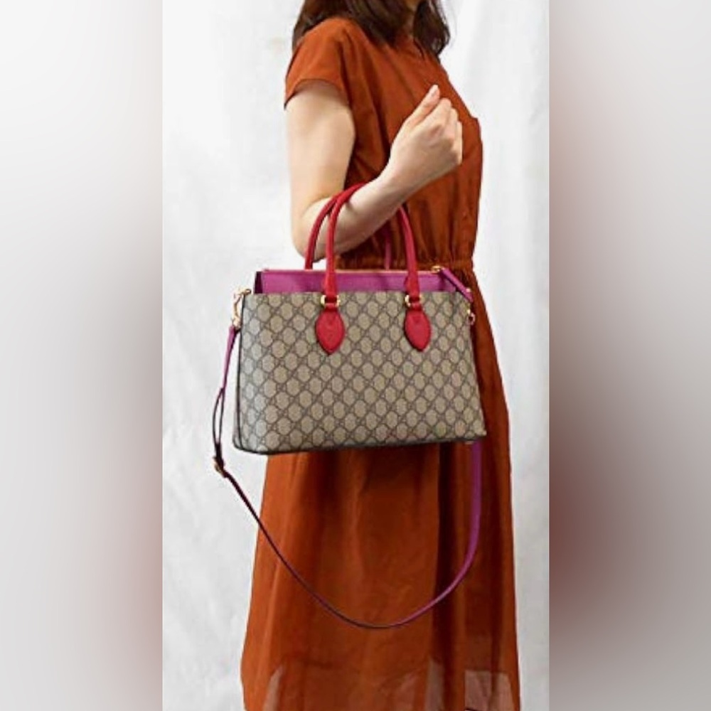 GUCCI GG MONOGRAM MOON CALFSKIN MEDIUM ZIP TOTE BEIGE, RED AND PINK - Picture 7 of 16